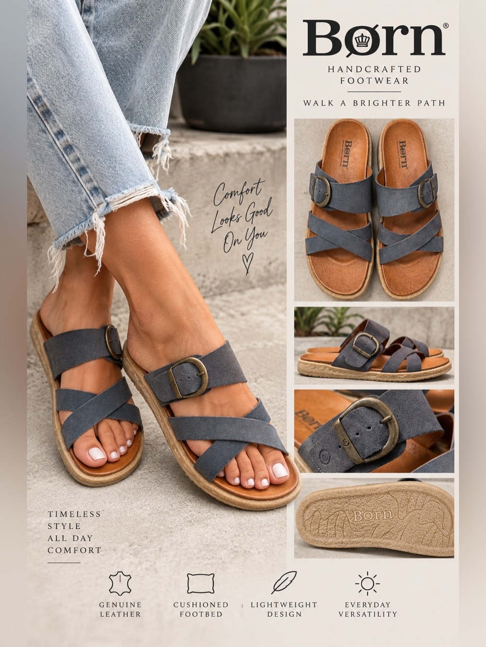 Born Leather Cross Strap Buckle Slide Sandals Blue Gray Size 8